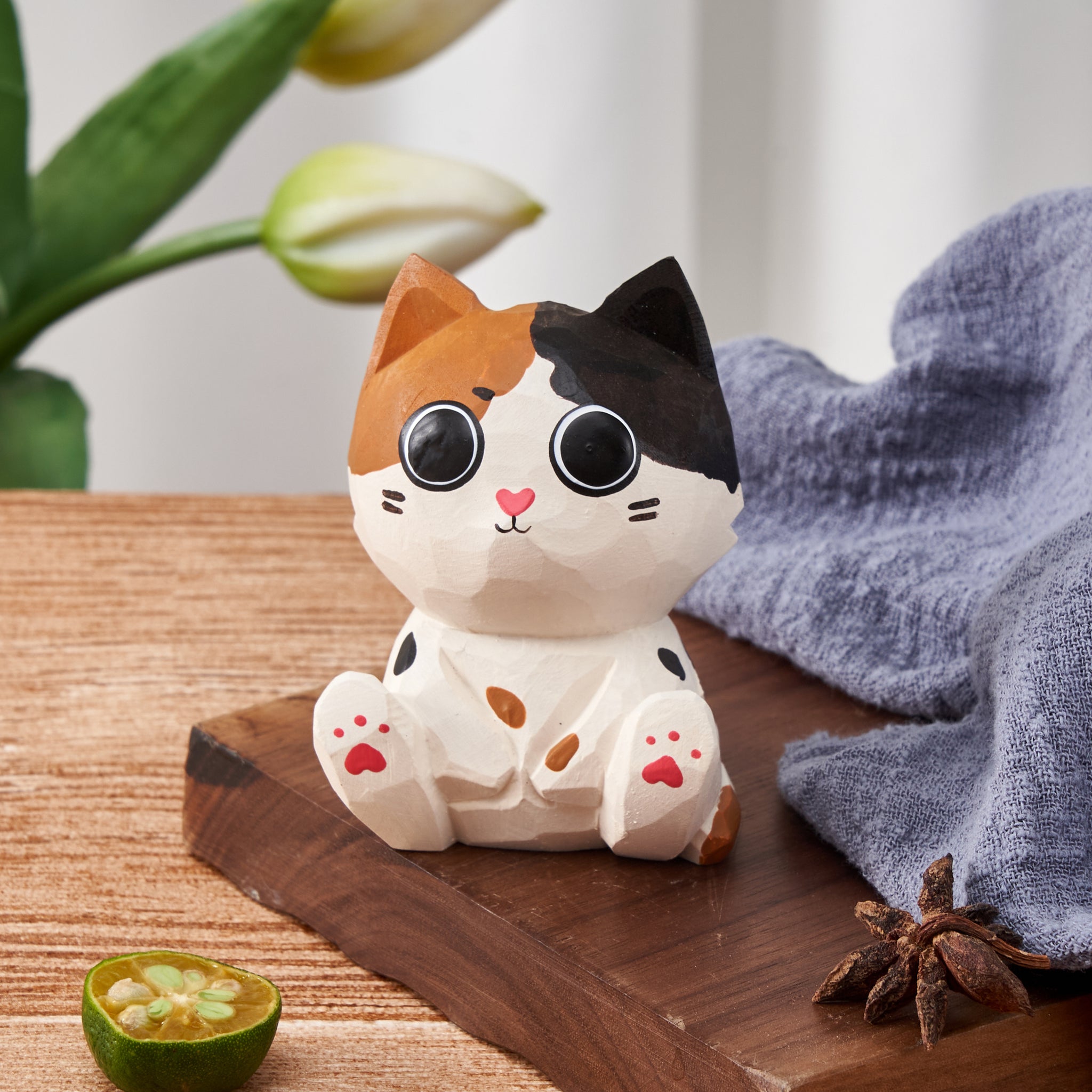 キャットフード Hanao Hana Cat: Carved Wooden Cat with Harmony and Balance – Mokuomo